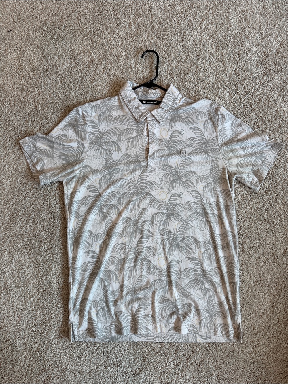 Travis Mathew White Polo with Light Gray Leaf Print